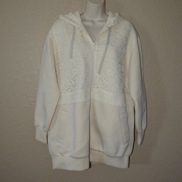 NWT $459 Sz 40 6 TwinSet Ivory Lace Detail Oversized Zip Up Hooded Jacket - Picture 1 of 7